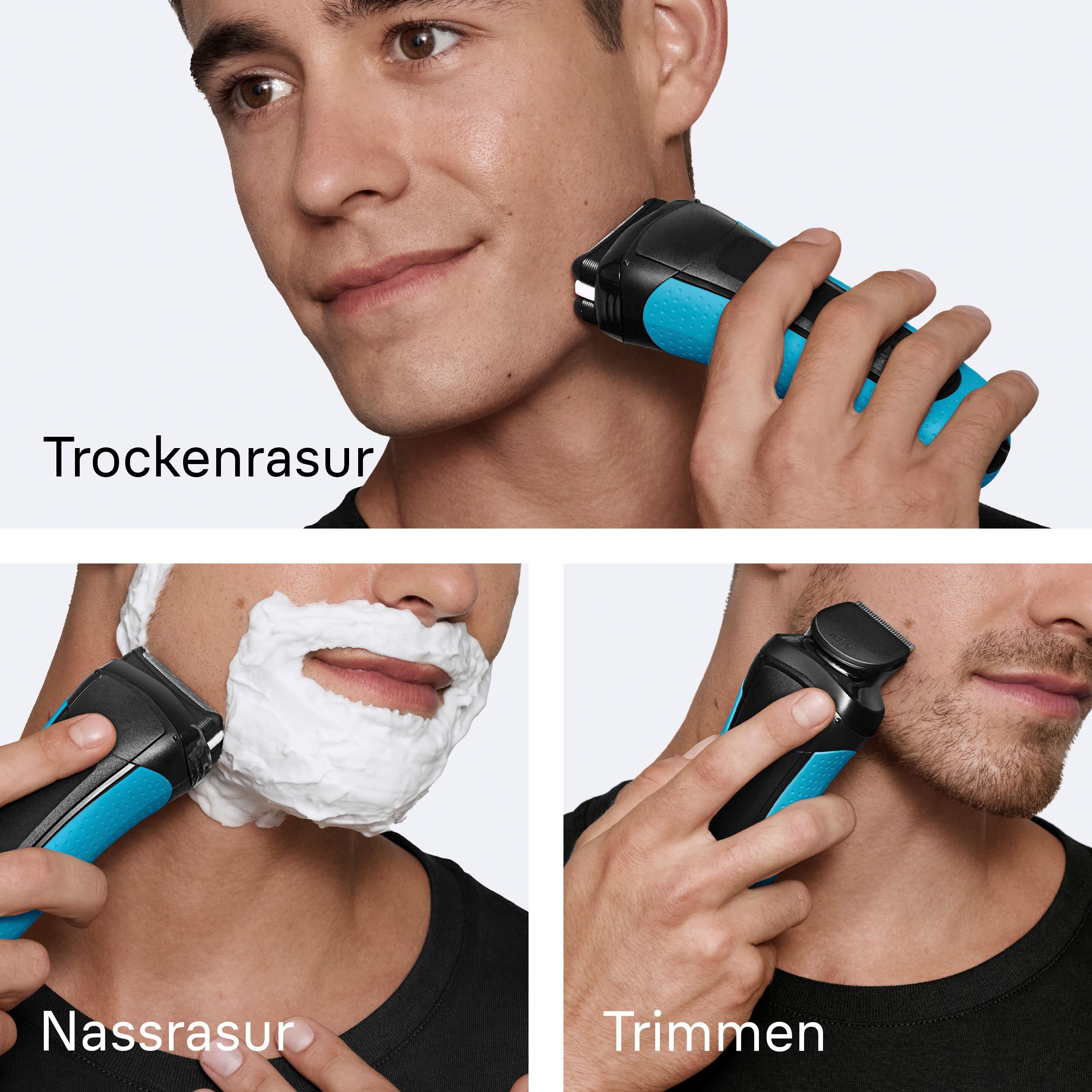 Ein Mann rasiert sich mit einem Elektrorasierer. Das Bild ist in drei Teile unterteilt, unter jedem steht Text.