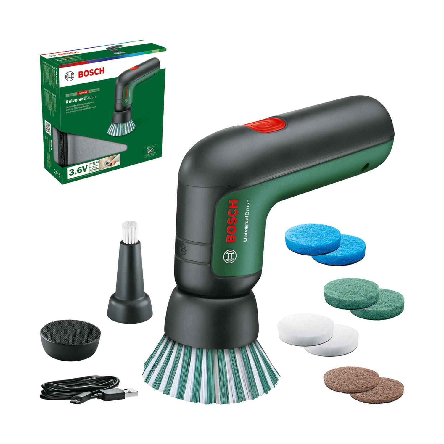 Kit Bosch UniversalBrush. Include una spazzola di pulizia verde e nera, vari tamponi, una testina extra e un cavo di ricarica.