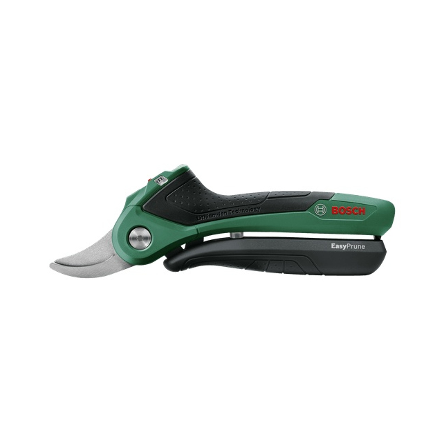Un potatore elettrico Bosch EasyPrune verde e nero. Il potatore ha una lama argentata e un'impugnatura nera.