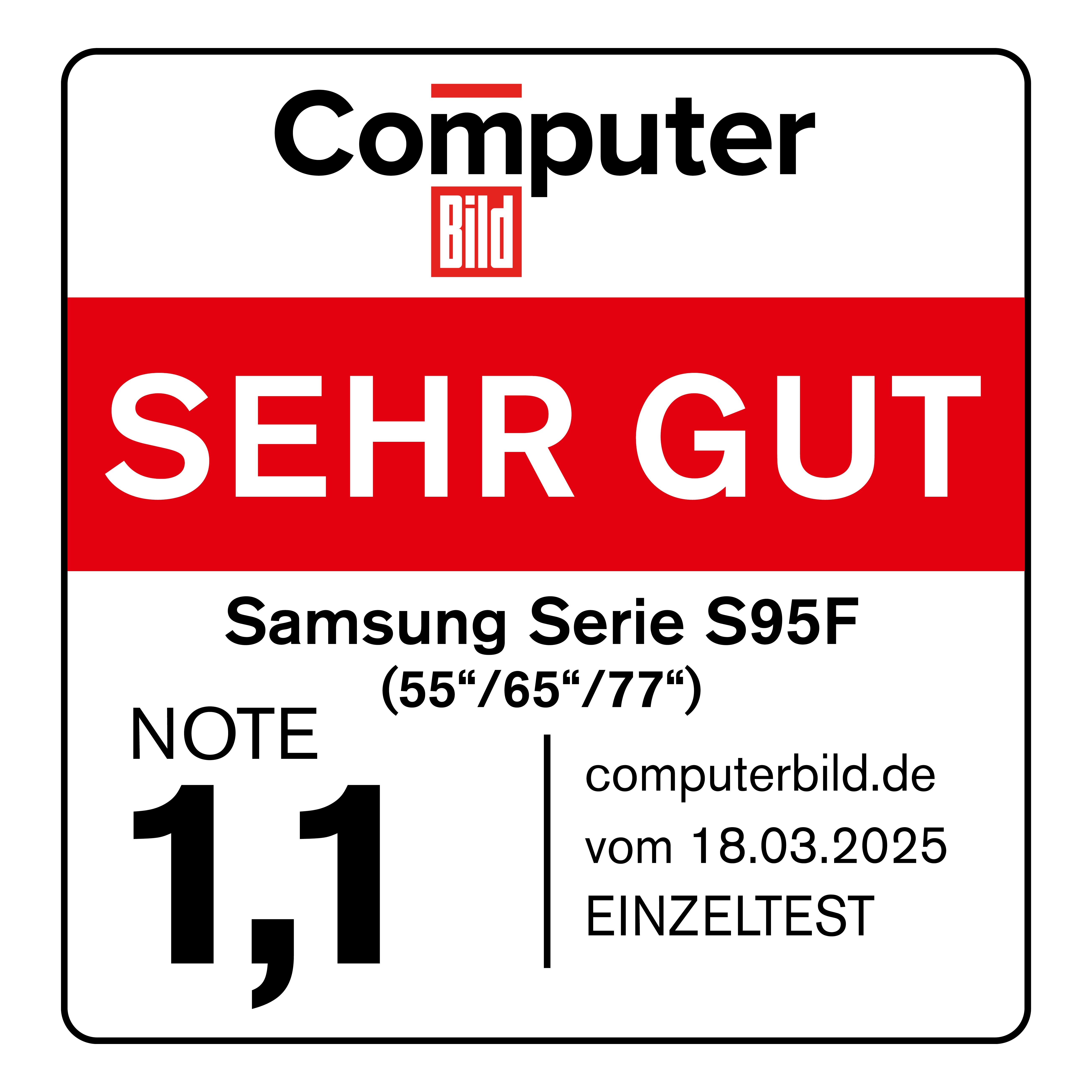 Ein weißes Rechteck mit schwarzem Rand enthält den Text: Computer Bild. Darunter ein roter Streifen mit der Aufschrift 'SEHR GUT'.