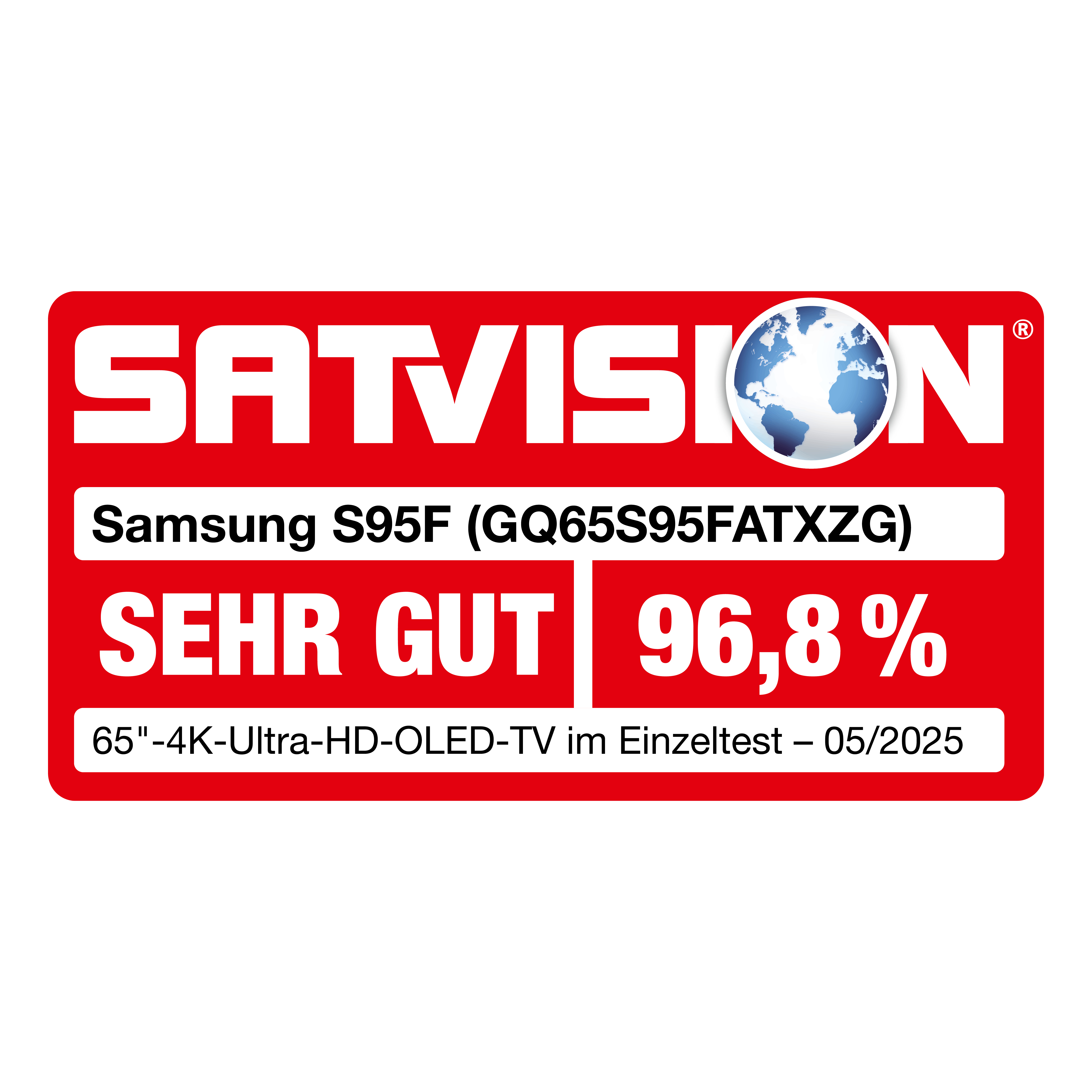 Rotes Rechteck mit SATVISION und Globus-Logo. Darunter Samsung TV-Details, Bewertung: Sehr Gut, 96,8%, und Testdatum.