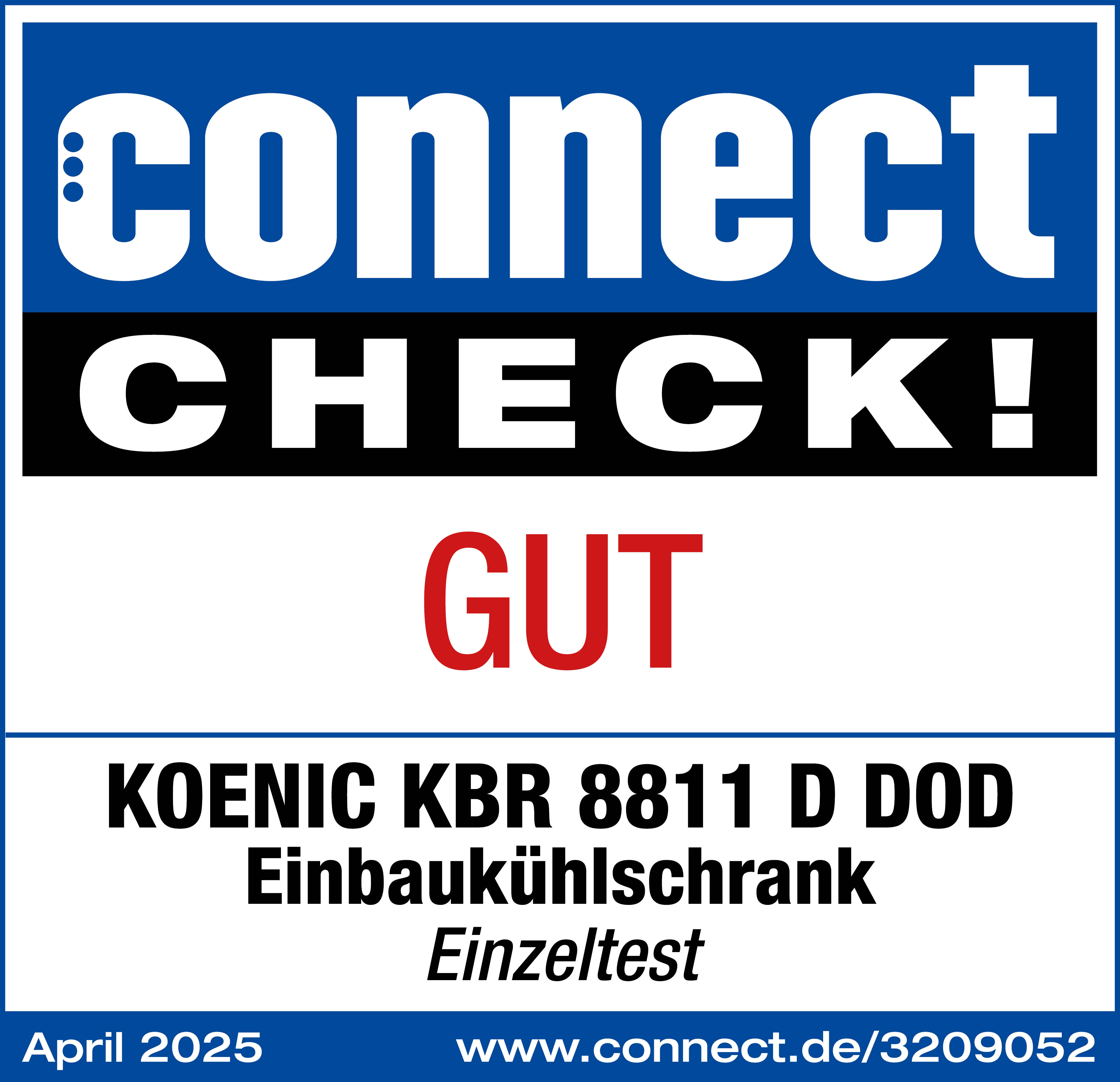Das Bild zeigt ein 'connect'-Logo, 'CHECK!' und 'GUT'. Darunter steht Text über einen Kühlschrank und ein Datum.