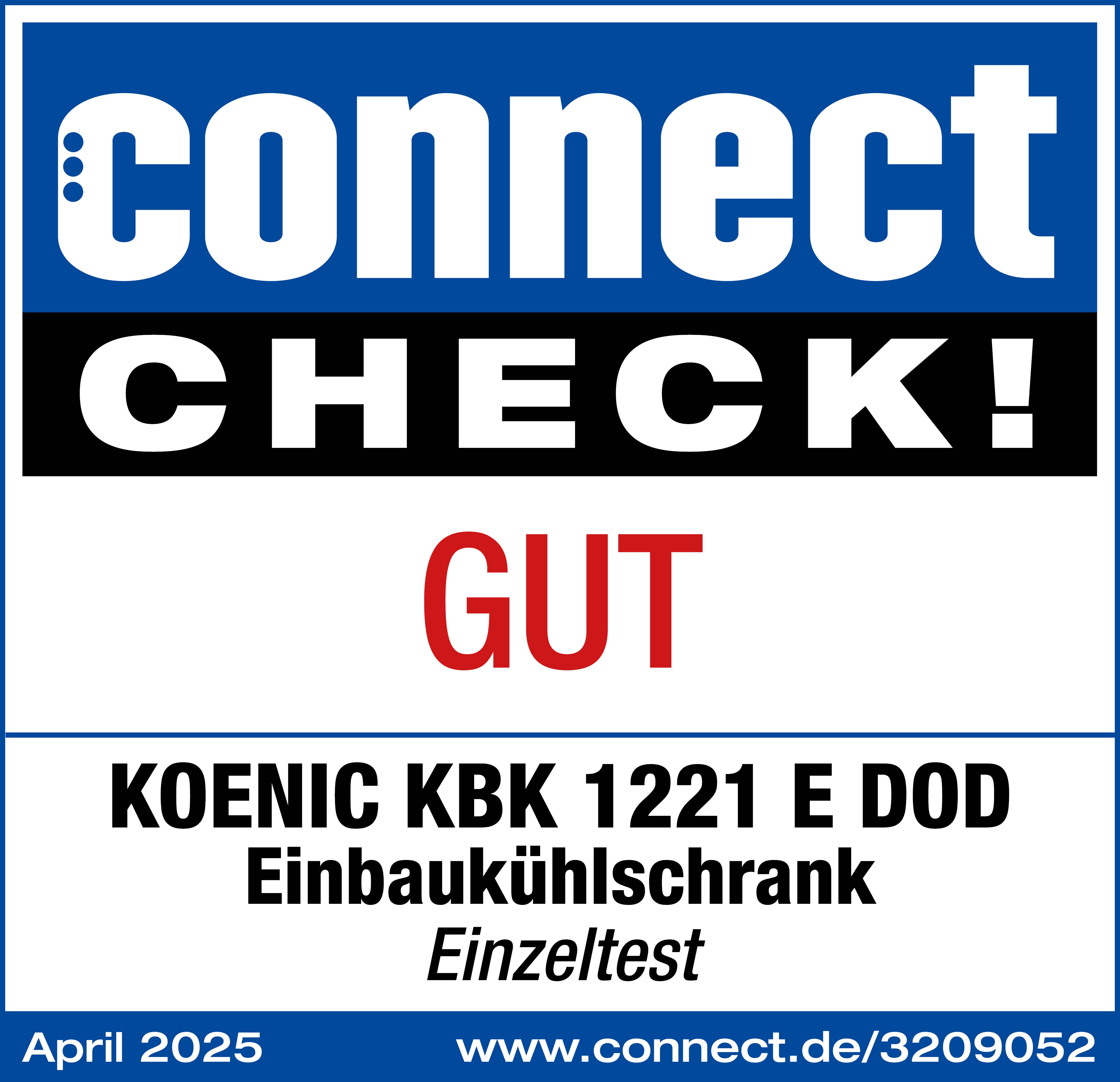 Ein Logo mit 'connect CHECK!' und 'GUT' in Rot. Darunter Text über einen Kühlschrank und das Datum 'April 2025'.