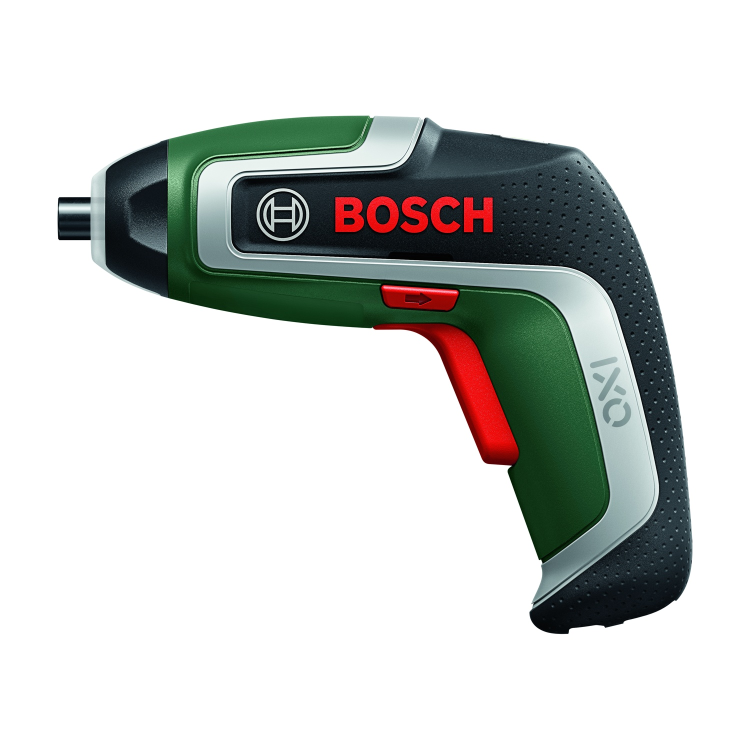 Cacciavite senza fili Bosch IXO. Accenti verdi, neri, argentati e rossi, con il logo Bosch. Isolato su sfondo bianco.
