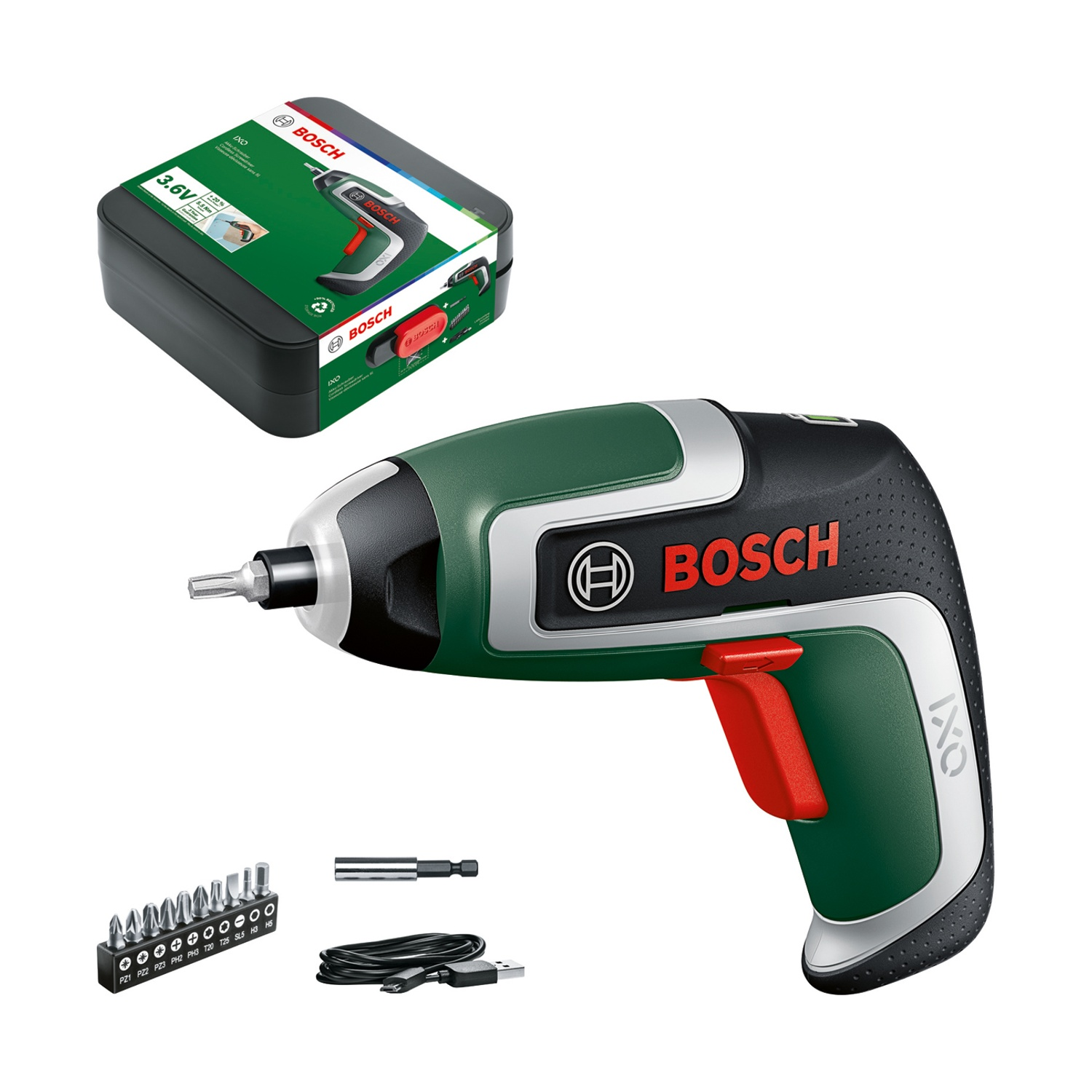 Un avvitatore a batteria Bosch IXO con accessori è raffigurato. È verde, nero e argento. È presente anche una custodia nera con l'immagine dell'avvitatore.