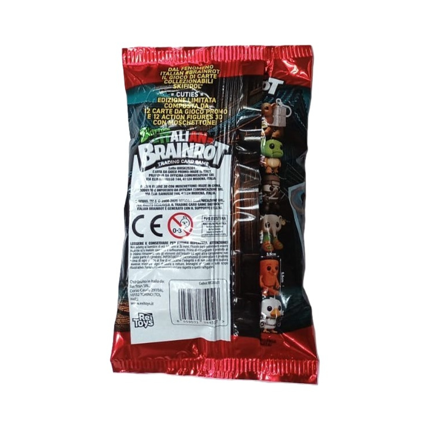Un pacchetto rosso con testo e piccole figure giocattolo. Include testo in italiano e immagini di giocattoli.