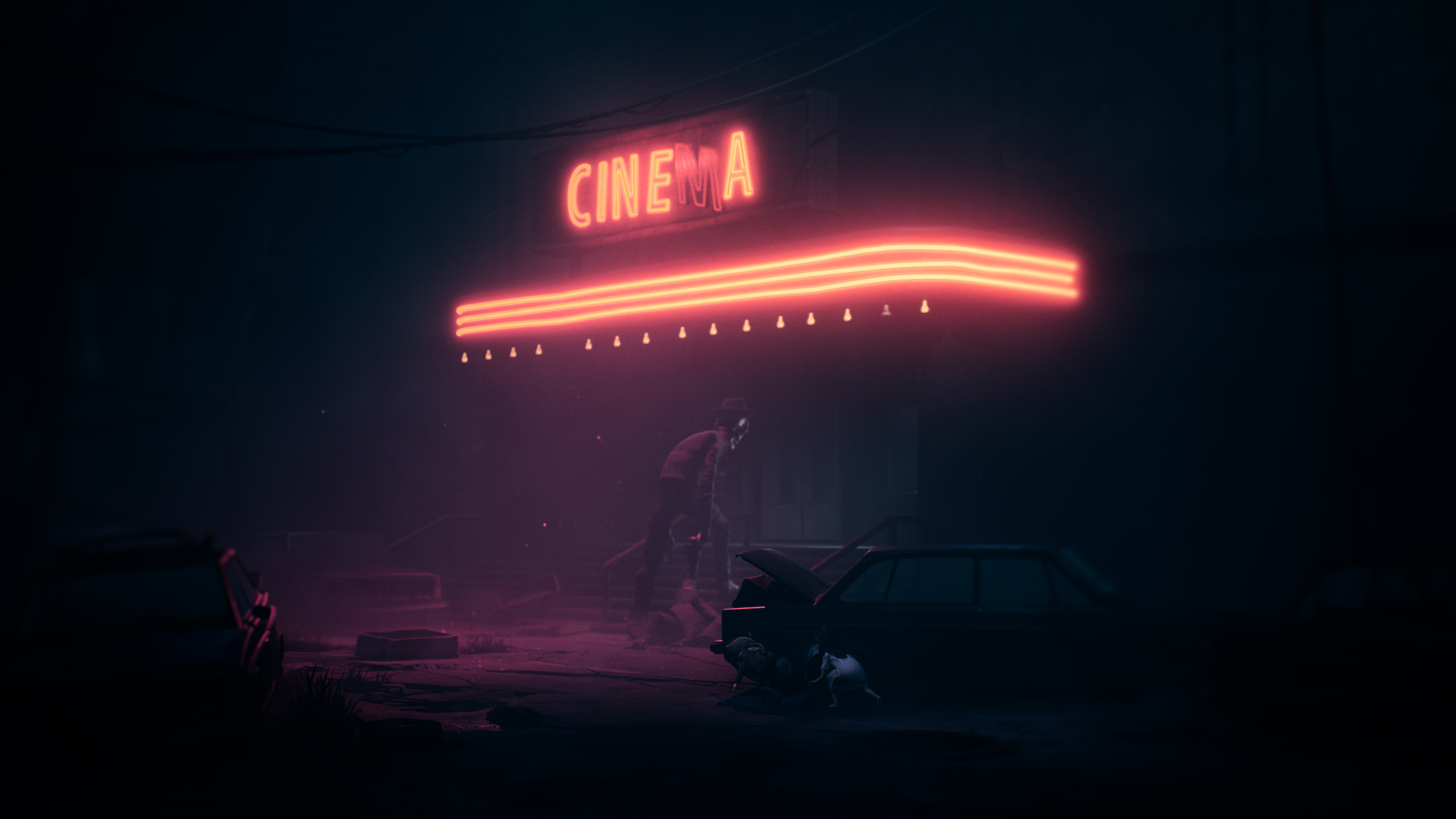 Ein Neonschild mit der Aufschrift 'CINEMA'. Eine Figur steht in der Nähe eines Autos mit offener Motorhaube. Zwei Tiere stehen am Auto in dunkler Umgebung.