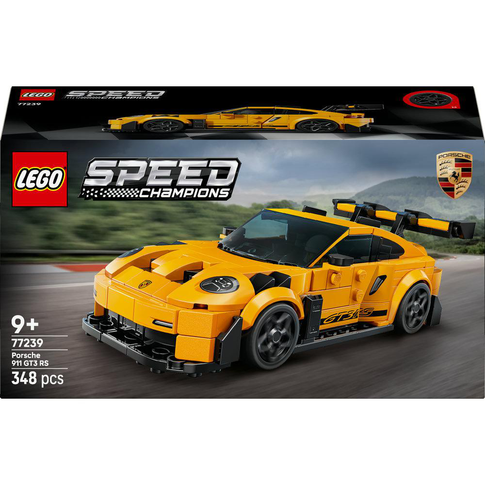 Eine Lego Speed Champions Set-Box. Sie zeigt ein gelbes Porsche 911 GT3 RS Modellauto. Auf der Box steht 'LEGO' und 'SPEED CHAMPIONS'.
