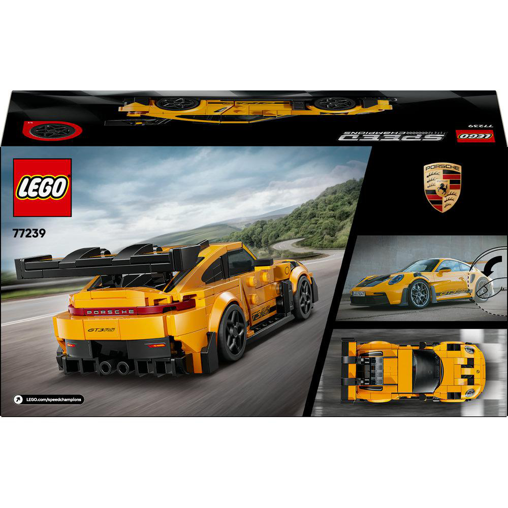LEGO Speed Champions Porsche GT3 RS Set-Box. Gelbes Automodell auf der Box. Enthält Porsche-Logo und Autobilder.