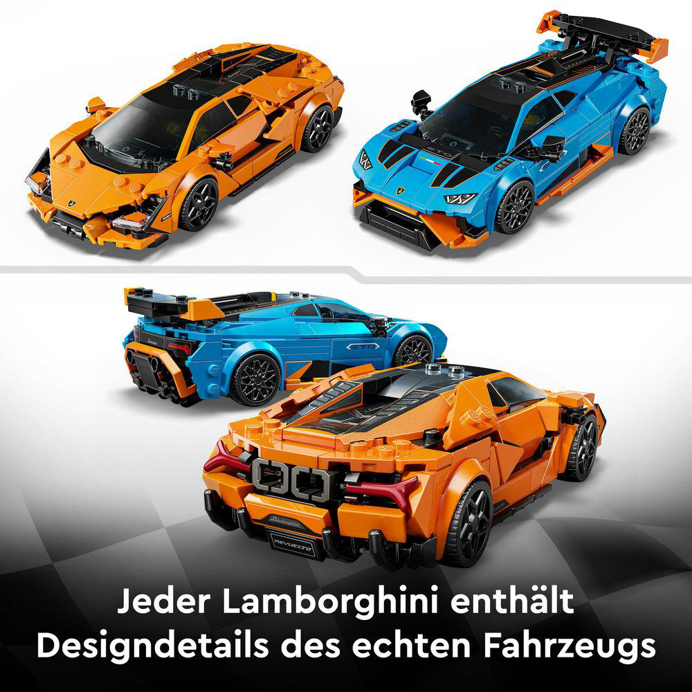 Vier Spielzeug-Lamborghini-Autos: zwei orangefarbene und zwei blaue. Sie stehen vor einem weißen Hintergrund, darunter Text auf Deutsch.