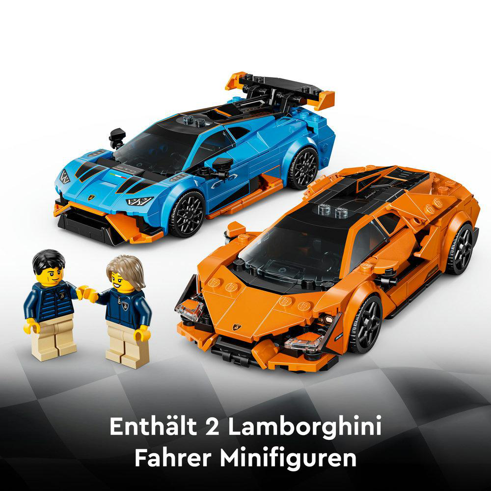 Zwei Lego Lamborghini Autos, blau und orange, mit zwei Minifiguren. Text: Enthält 2 Lamborghini Fahrer Minifiguren.