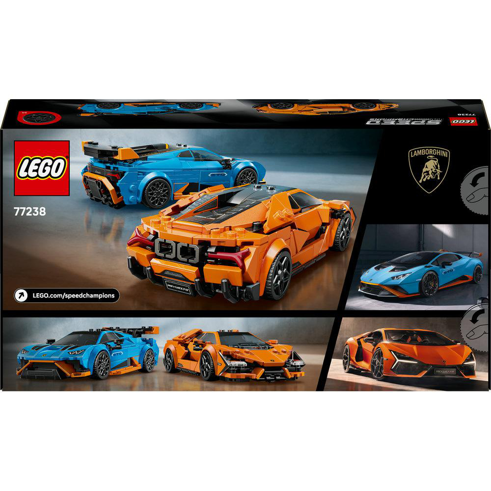 LEGO Speed Champions Set mit orangen und blauen Lamborghini-Autos. Die Box zeigt mehrere Bilder der Automodelle.