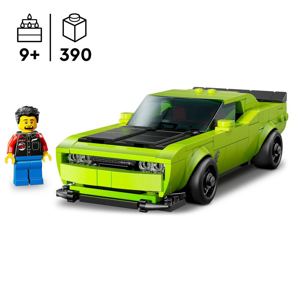 Ein limettengrünes Lego-Muscle-Car mit schwarzer Motorhaube, neben einer Lego-Figur. Die Set-Informationen zeigen 9+ und 390 Teile an.