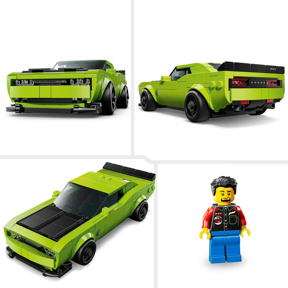 Ein grüner Lego Dodge Challenger in drei verschiedenen Ansichten und eine Lego-Figur einer Person in rotem Hemd und blauer Hose.