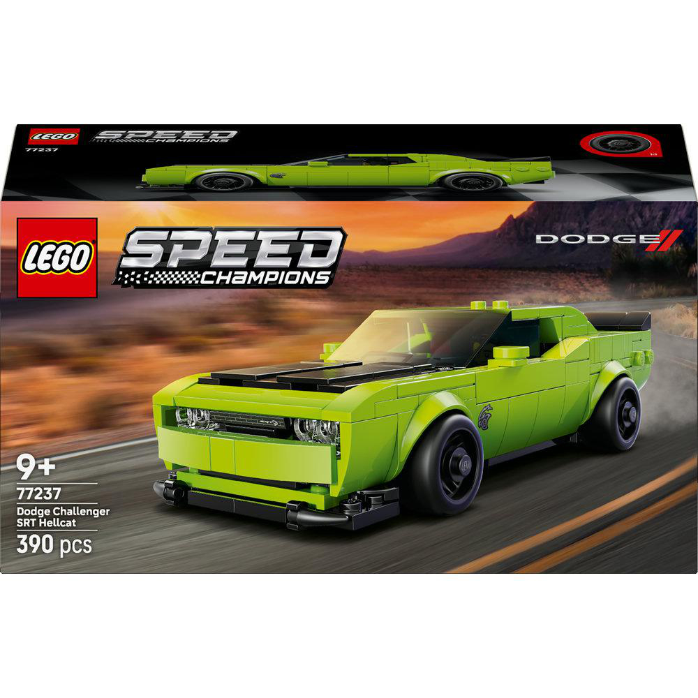 Lego Speed Champions Set: Dodge Challenger SRT Hellcat. Die Box zeigt das Auto und eine Landschaft mit Bergen im Hintergrund.