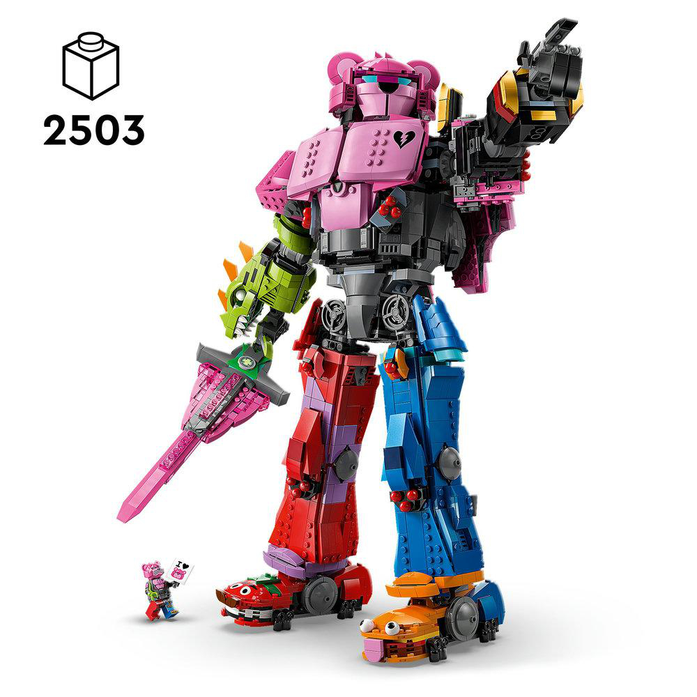 Ein großer Lego-Roboter, rosa und schwarz, hält ein rosa Schwert. Eine kleine Lego-Figur steht davor. Der Hintergrund ist weiß.