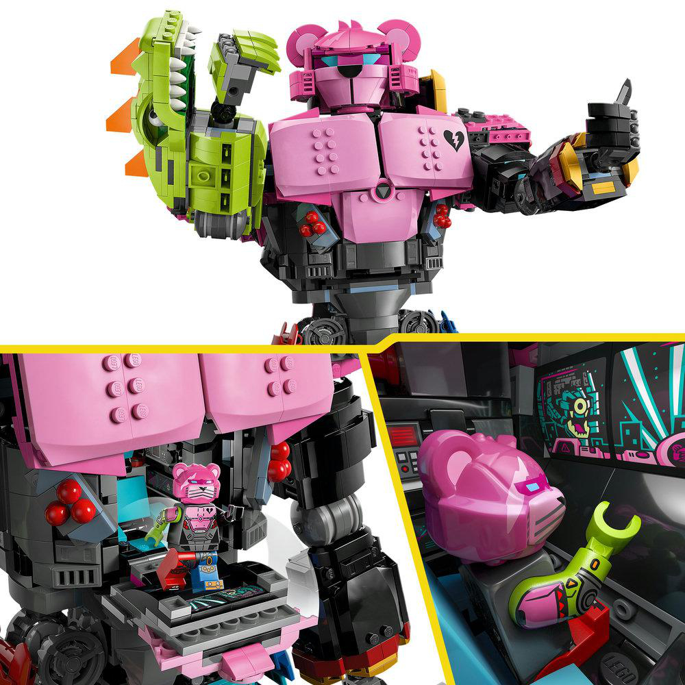 Ein rosa-schwarzer Lego-Roboter mit Bärenkopf und grünem Arm. Eine kleinere Lego-Figur sitzt im Bauch des Roboters.