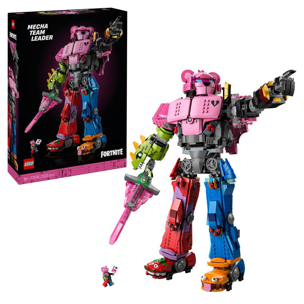 Ein Lego-Set eines bunten Mecha-Roboters von Fortnite. Es hat rosa, grüne, rote und blaue Teile. Links ist ein Karton.