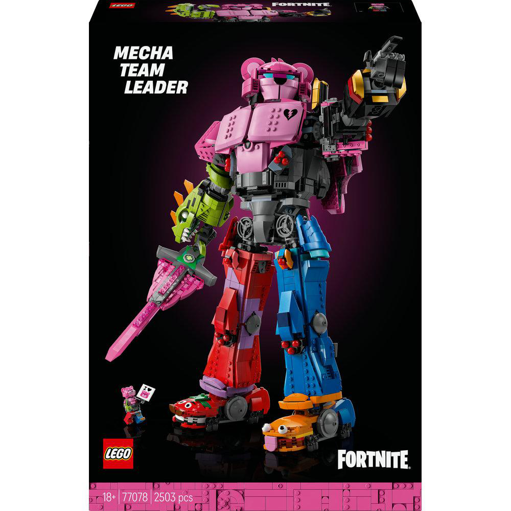 Schachtelkunst von Lego Fortnite Mecha Team Leader. Ein großer Roboter aus Lego-Steinen mit einer kleineren Figur im Vordergrund.