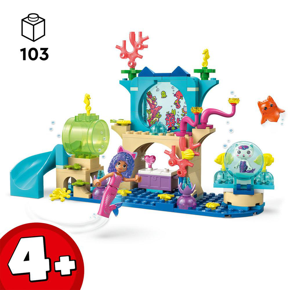Ein Lego-Set mit einer Meerjungfrau, die eine blaue Rutsche hinunterrutscht. Das Set hat ein Korallenriff-Design mit einer Katze und einem Seestern.