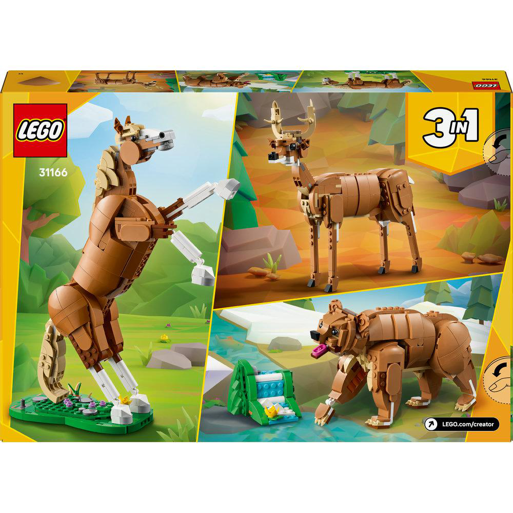 Eine Lego-Box mit 3 Modellen: ein braunes Pferd, ein braunes Reh und ein brauner Bär, der die Zunge herausstreckt.