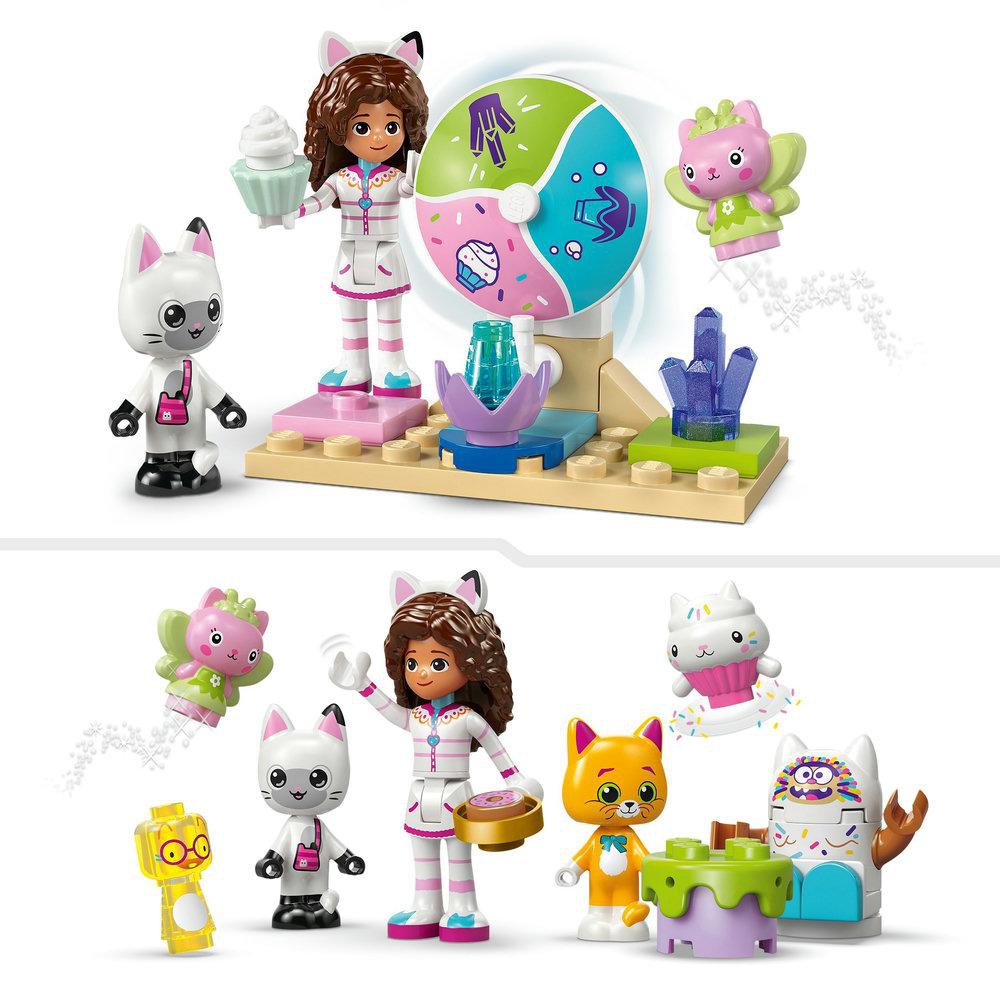 Ein Set von Lego-Figuren mit Katzenohren, darunter ein Mädchen mit einem Cupcake und einem Donut. Auch andere Figuren vorhanden.