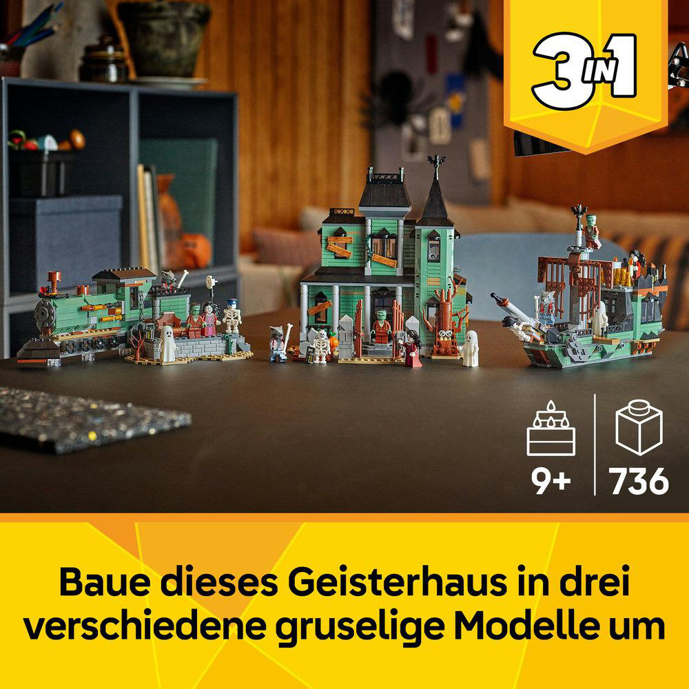 Ein gruseliges Lego-Set mit drei Bauoptionen. Enthält ein Geisterhaus, einen Zug und eine dritte Struktur sowie Mini-Figuren.