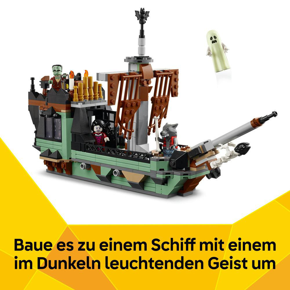 Ein Lego-Piratenschiff mit Figuren. Ein leuchtender Geist schwebt darüber. Text unten: Bauen Sie es zu einem Schiff mit einem leuchtenden Geist um.
