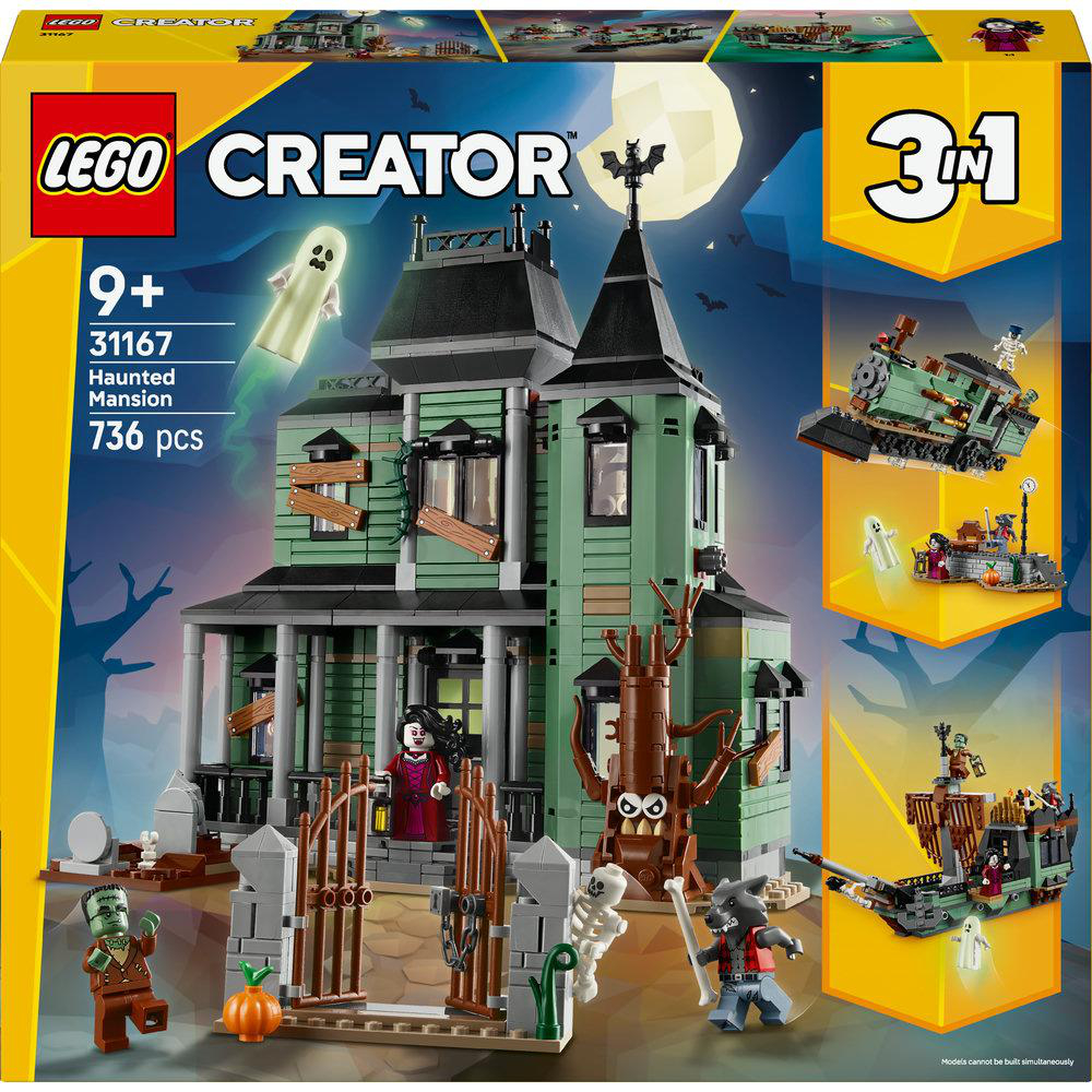 LEGO Creator Haunted Mansion Set. Das Hauptbild zeigt die Villa mit Geistern und anderen Minifiguren. Ein Zug und ein Wagen ebenfalls.