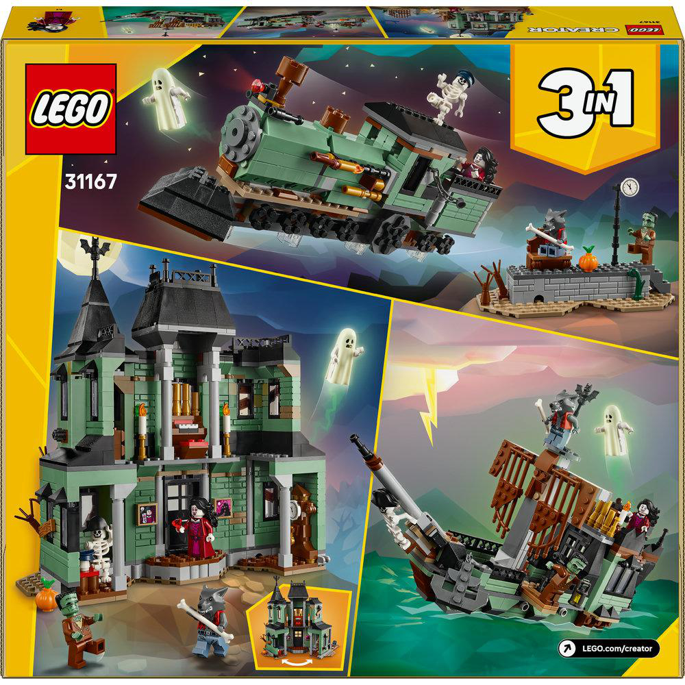 LEGO Creator Set 31167. Es zeigt drei Modelle: einen grünen Zug, ein Spukhaus und ein Schiff. Enthält Geister, ein Skelett und einen Zombie.