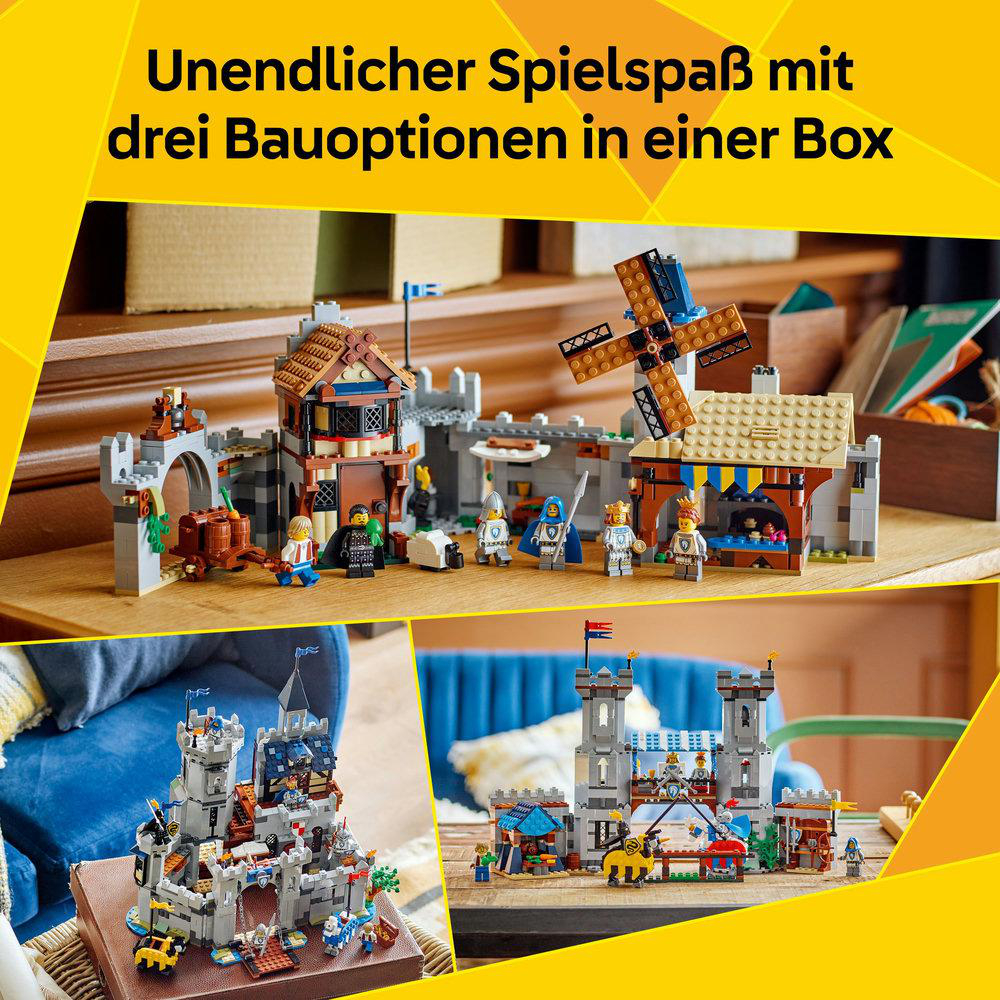 Ein Lego-Set mit drei Bauoptionen: eine Burg, eine Festung und eine Windmühlenstruktur. Verschiedene Lego-Figuren sind enthalten.