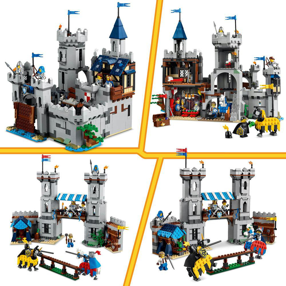 Vier Lego-Burg-Sets. Jedes zeigt eine Burg mit Rittern, Pferden und Flaggen. Graue Strukturen mit blauen und braunen Akzenten.