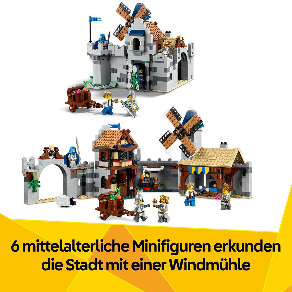 Lego-Set mit Windmühle und Burg. Sechs mittelalterliche Minifiguren erkunden die Stadt.