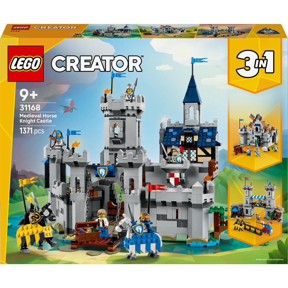 LEGO Creator Mittelalterliches Pferd Ritterburg. Die Burg ist grau mit blauen Akzenten. Enthält Ritter, Pferde und eine Schatzkiste.