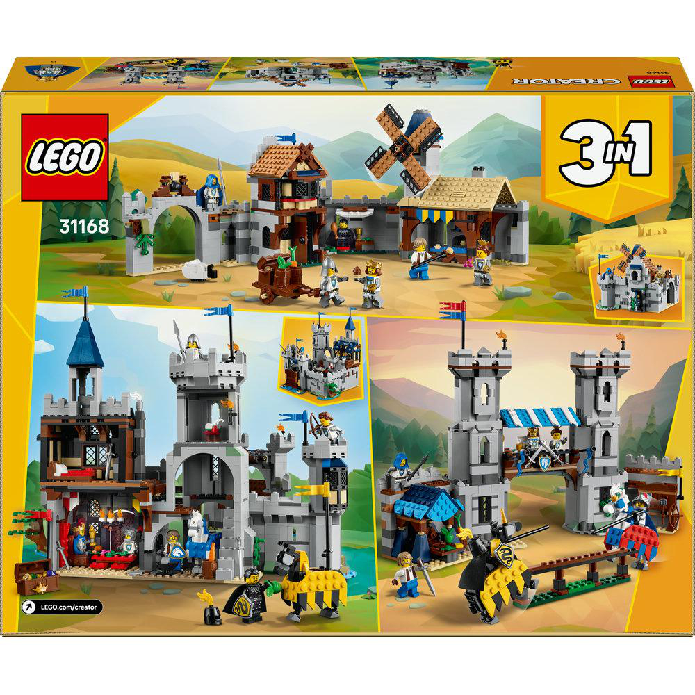 LEGO Creator 3-in-1 Set-Box. Es zeigt eine Burg, eine Windmühle und eine Festung mit Rittern und verschiedenen Minifiguren.