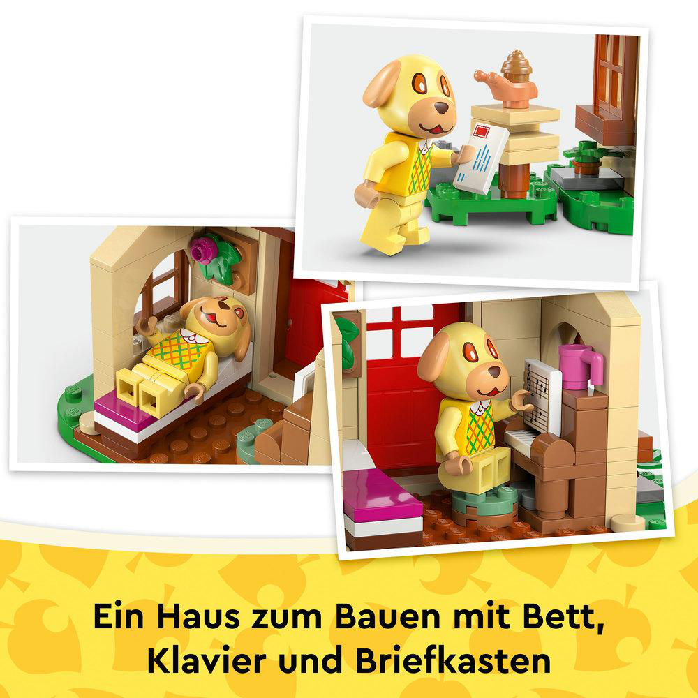 Ein Bausatz mit Hundefiguren. Das Set enthält ein Bett, ein Klavier und einen Briefkasten. Die Figuren sind gelb mit braunen Ohren.