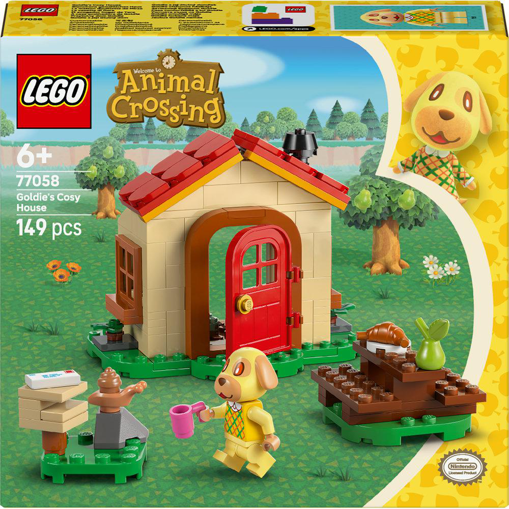 LEGO Animal Crossing Set. Enthält ein Haus, eine Goldie-Figur und Zubehör. Die Box zeigt Bilder des Sets und das Animal Crossing-Logo.
