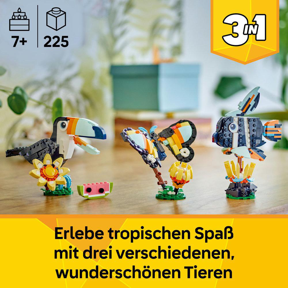 Ein Lego-Set mit drei tropischen Tieren. Ein Tukan, ein Schmetterling und ein Fisch. Alter 7+, mit 225 Teilen.