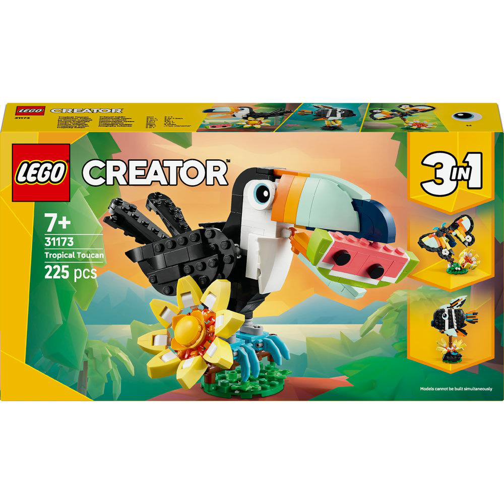 LEGO Creator Boxset. Ein LEGO-Tukan hält Wassermelone. Enthält eine Blume und einen Schmetterling. Die Box zeigt 3 in 1.
