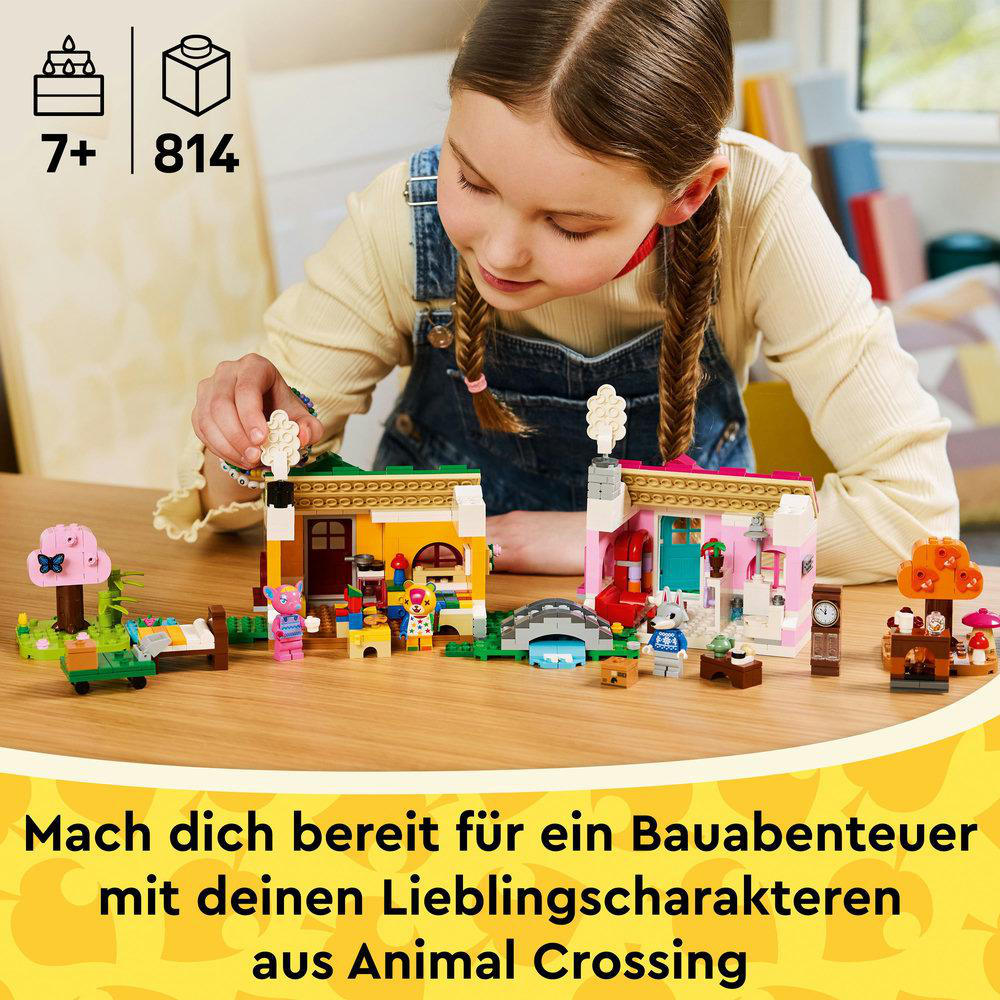 Ein Mädchen baut LEGO Animal Crossing Sets. Sets beinhalten Häuser, Figuren und eine Uhr. Der Hintergrund ist unscharf.