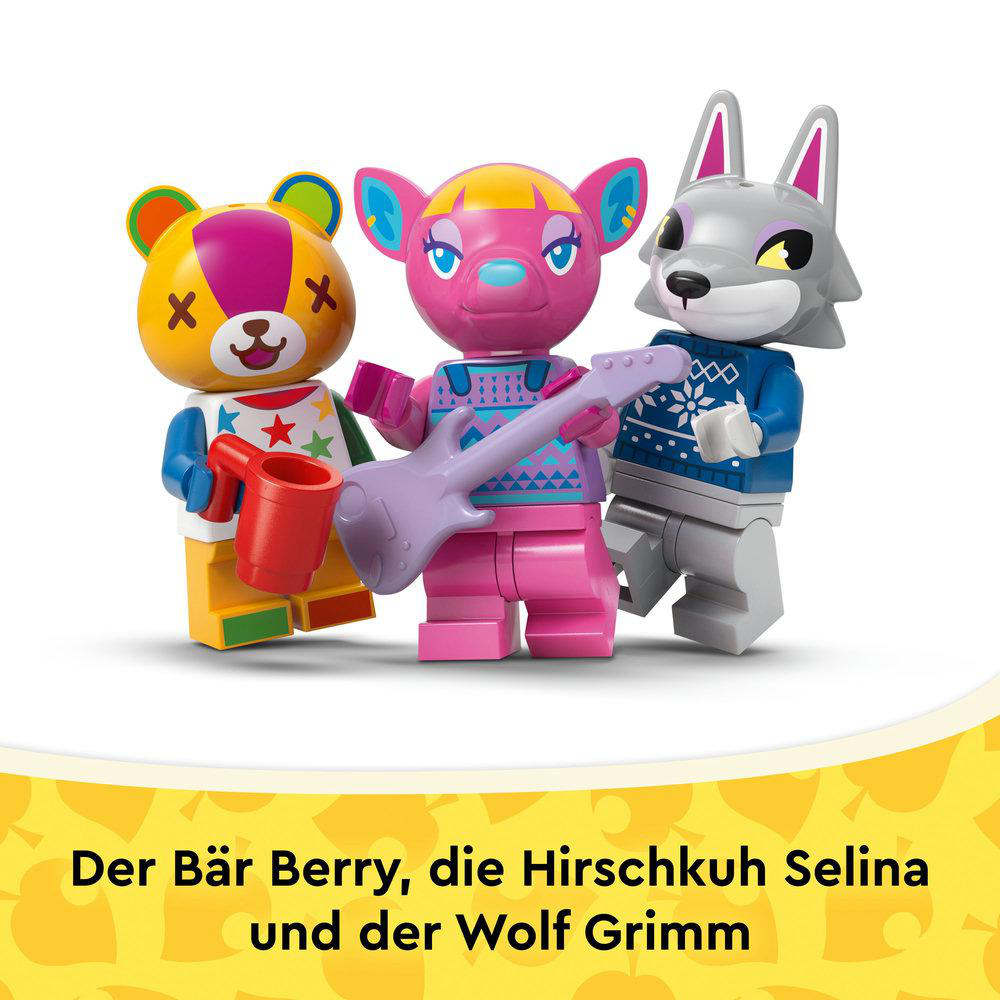 Drei Tierfiguren: ein Bär mit einer Gießkanne, ein Hirsch mit einer Gitarre und ein Wolf. Alle sind cartoonartig und farbenfroh.