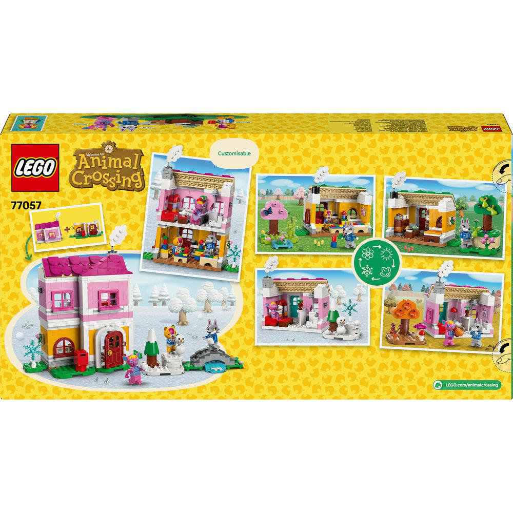 LEGO Animal Crossing Set-Box. Sie zeigt mehrere Miniaturszenen mit Zeichentieren und Gebäuden in verschiedenen Farben.