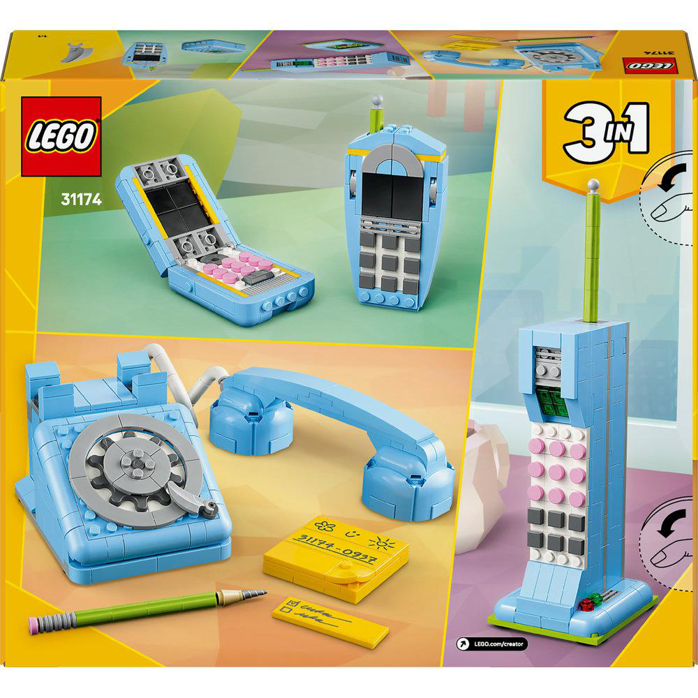 LEGO Creator Set mit blauem Telefon im Retro-Stil, Mobiltelefon und einem aus Steinen gebauten Telefon. Box-Art mit LEGO-Logo.