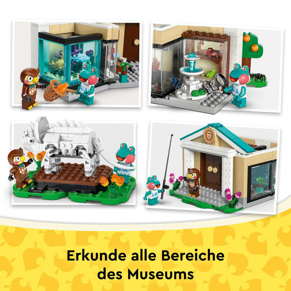 Vier Lego-Museumsszenen mit Figuren und Gebäuden. Unten steht: Erkunden Sie alle Bereiche des Museums.