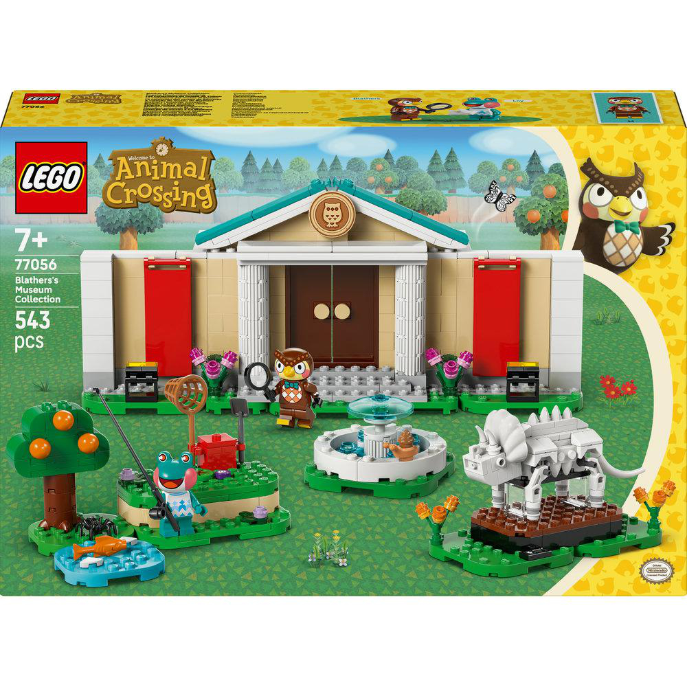 LEGO Animal Crossing Set. Ein Museum mit Eulenfiguren, einem Brunnen und einem Dinosaurier-Modell wird auf grüner Basis gezeigt.