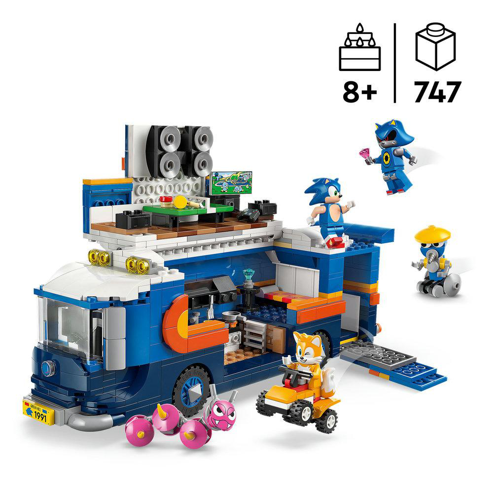 Ein blaues und oranges Lego-Set mit Sonic-Charakteren und einem Foodtruck mit verschiedenen Zubehörteilen und Figuren.