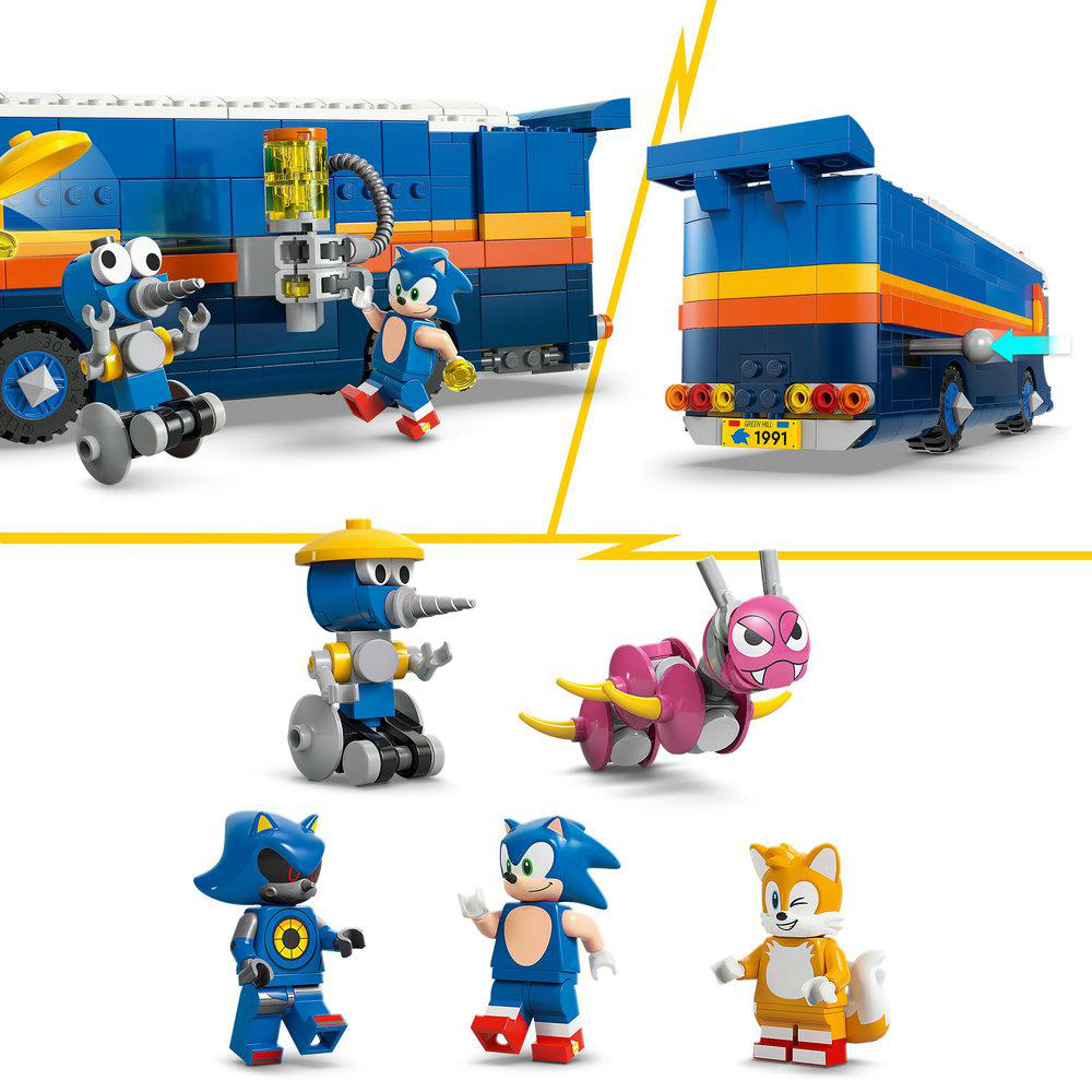 Lego-Set mit Sonic-Charakteren und einem blauen Lastwagen. Zu den Charakteren gehören Sonic, Tails und andere. Der Hintergrund zeigt einen LKW.