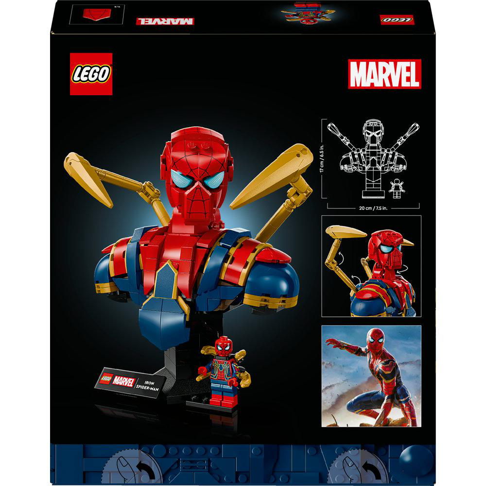 Eine Lego-Box mit einer Iron Spider-Man-Büste mit goldenen Armen. Enthält eine Lego-Figur und ein Marvel-Logo.