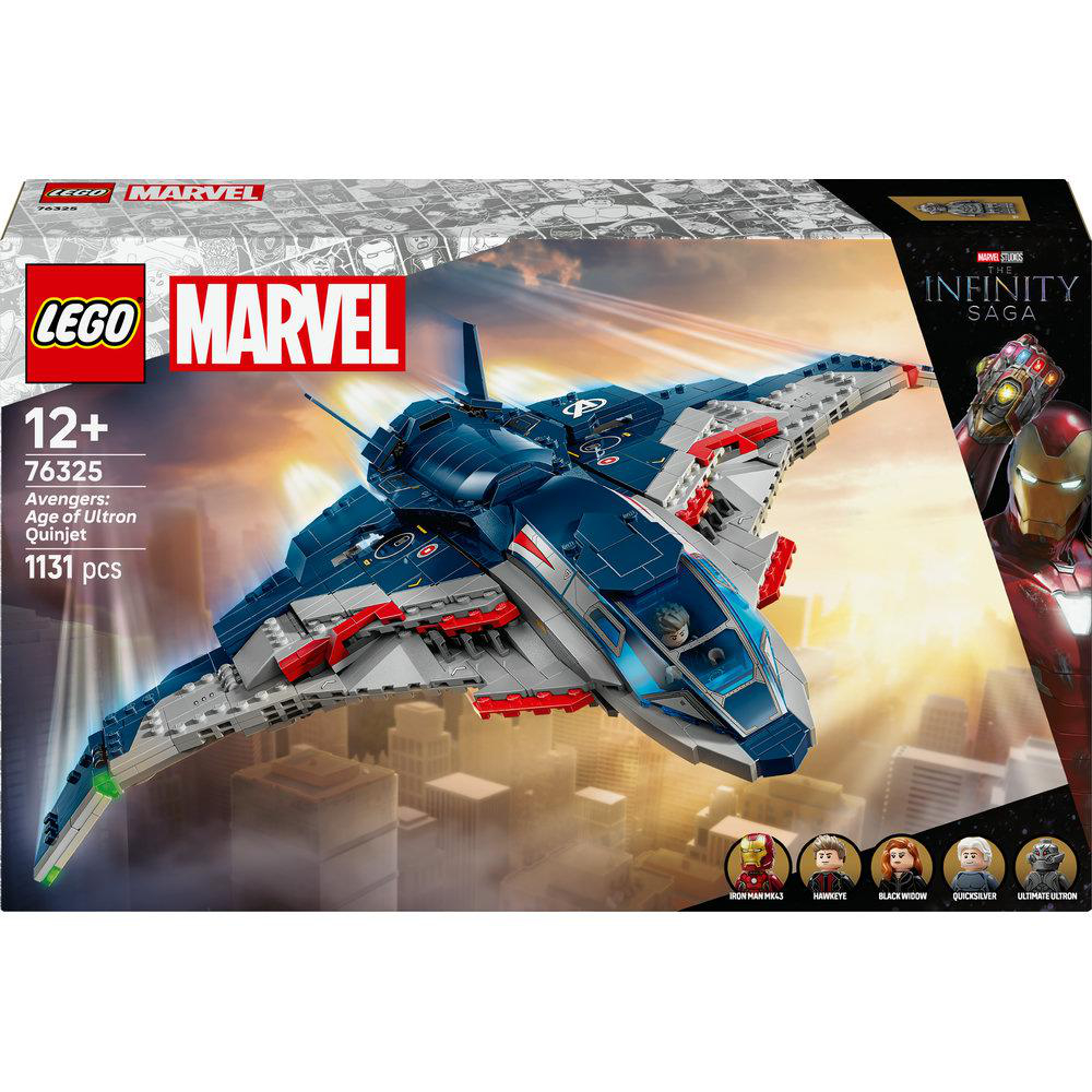 Lego Marvel Avengers: Age of Ultron Quinjet Set. Die Box zeigt den Quinjet, Iron Man, Hawkeye, Black Widow, Quicksilver und Ultron.