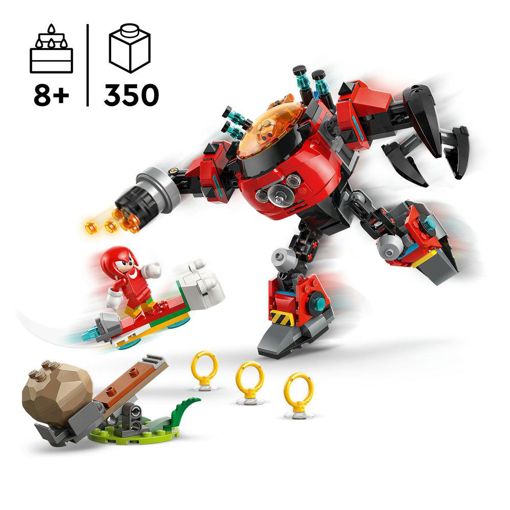 Lego-Set mit rotem Roboter, Charakter auf einem Brett und anderem Zubehör. Alter 8+, 350 Teile.
